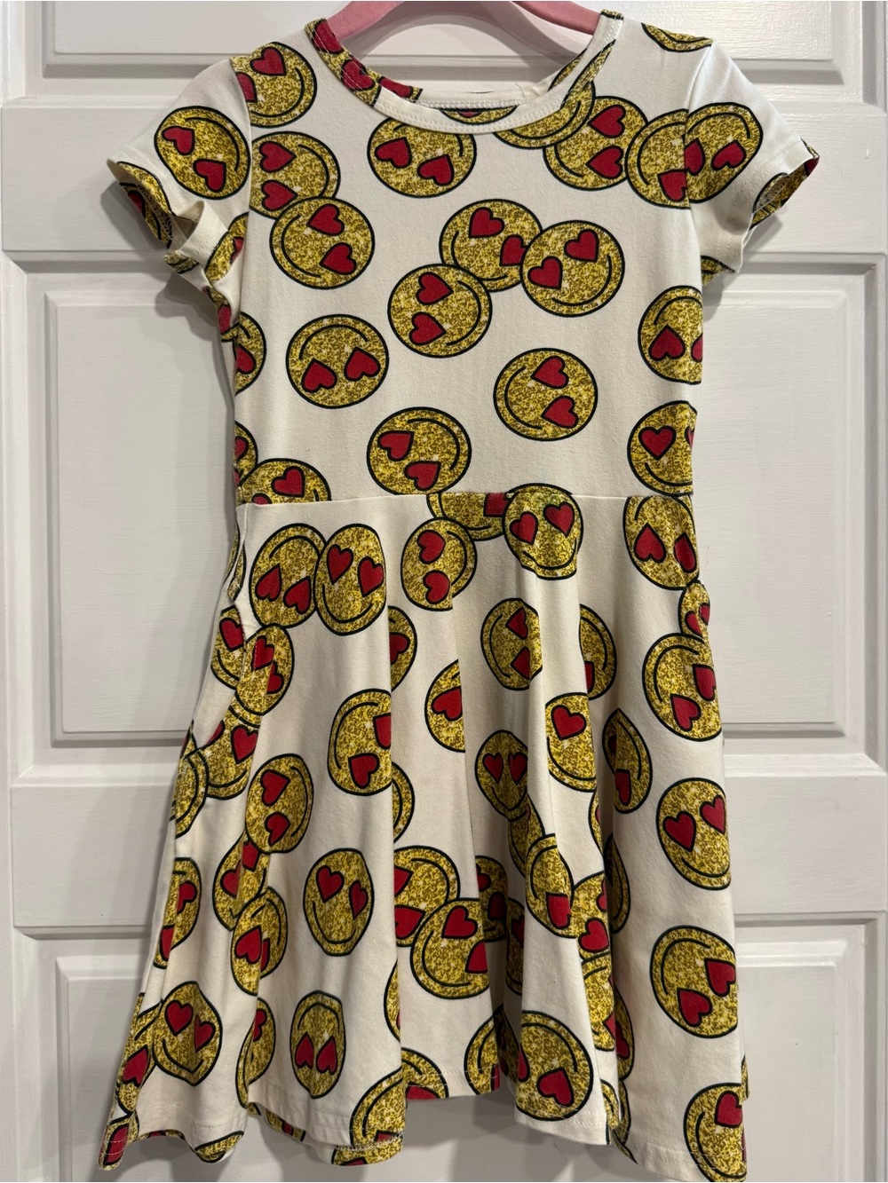 Rock Your Kid Heart Eyes Emoji Skater Dress Size 4 EUC Cream Gold Red Black